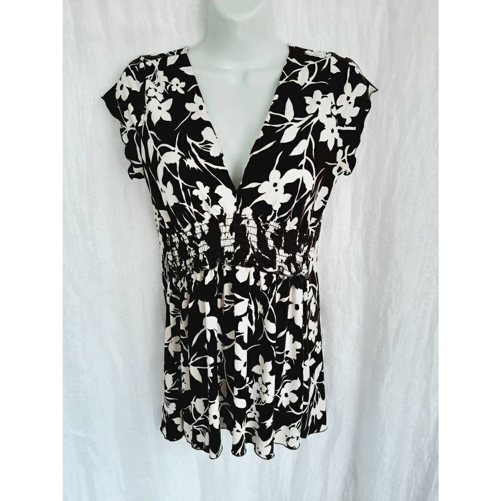 Copper Key brown white floral sz large babydoll stretch blouse